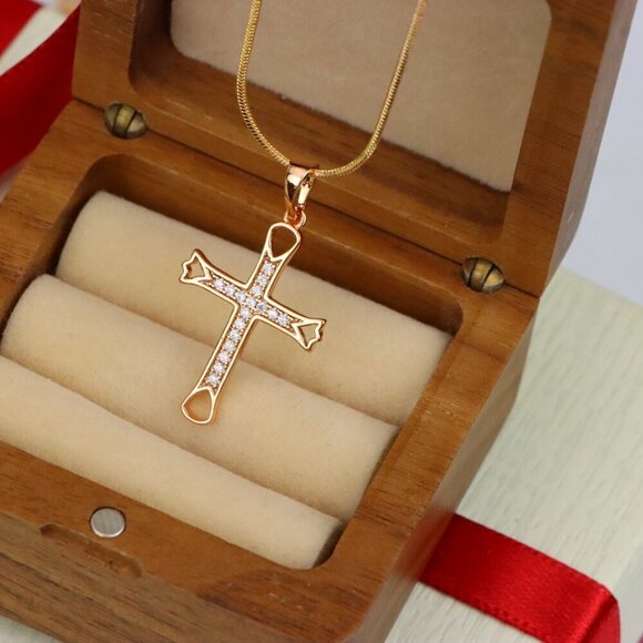 "Elegant Rose Gold Cross Pendant with CZ Stones and Cutout Design, XPPT1848 - Picture 2 of 13